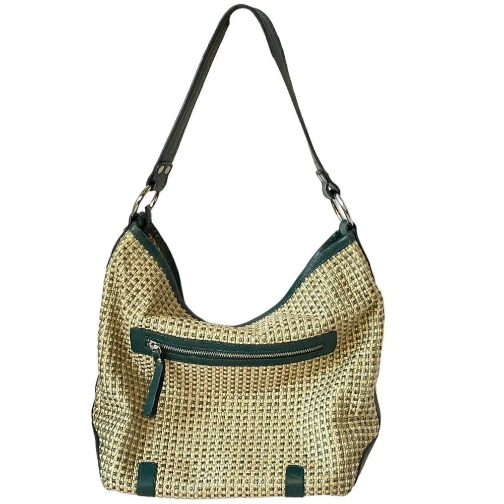 Nino BOSSI Woven Shoulder Bag Beige with Green Leather Trim Silver Hardware